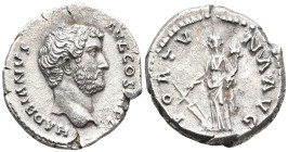 Hadrian AR Denarius. Rome, circa AD 137-138. HADRIANVS AVG COS III P P, bare head to right, slight drapery on far shoulder / FORTVNA AVG, Fortuna stan...