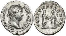 Hadrian AR Denarius. Rome, AD 134-138. HADRIANVS AVG COS III P P, bare head right / FORTVNAE REDVCI, Fortuna standing left with rudder on globe & corn...