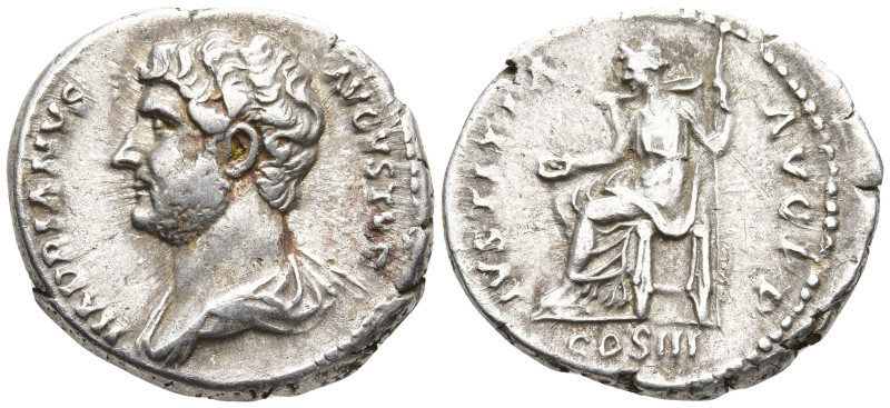 Hadrian AR Denarius. Rome, AD 125-128. HADRIANVS AVGVSTVS P P, laureate head rig...