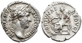 Hadrian AR Denarius. Rome AD 134-138. HADRIANVS AVG COS III PP, laureate, draped bust right / FORTVNAE REDVCI, Fortuna seated left, holding rudder and...