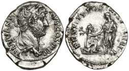 Hadrian AR Denarius. Rome, AD 130-133. HADRIANVS AVG COS III P P, laureate head to right / RESTITVTORI HISPANIAE, emperor standing left, extending han...