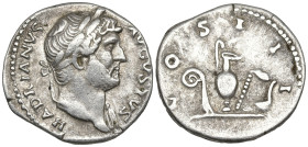 Hadrian AR Denarius. Rome, AD 125-128. HADRIANVS AVGVSTVS, laureate head right / COS III, sacrificial knife, lituus, apex and simpulum on axe. RIC 199...