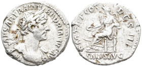 Hadrian AR Denarius. Rome, AD 119-122. IMP CAESAR TRAIAN HADRIANVS AVG, laureate bust right, with drapery on far shoulder / P M TR P COS III, Salus se...