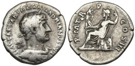 Hadrian AR Denarius. Rome, AD 119-122. IMP CAESAR TRAIAN HADRIANVS AVG, laureate bust right, slight drapery on far shoulder / P M TR P COS III, Roma s...