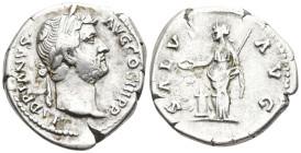 Hadrian AR Denarius. Rome, AD 134-138. HADRIANVS AVG COS III P P, bare head right / SALVS AVG, Salus standing left, sacrificing out of patera over alt...