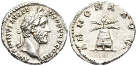 Antoninus Pius AR Denarius. Rome, AD 139. ANTONINVS AVG PIVS PP TRP COS III, laureate head right / ANNONA AVG, modius with corn-ears and poppy. RIC 62...