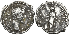 Antoninus Pius AR Denarius. Rome, AD 148-149. ANTONINVS AVG PIVS P P TR P XII, laureate head right / COS IIII, Salus standing facing, head left, holdi...