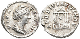 Diva Faustina I AR Denarius. Rome, after AD 141. DIVA FAVSTINA, draped bust right / AED DIV FAVSTINAE, hexastyle temple in which is seated figure of F...