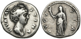 Diva Faustina I (wife of A. Pius) AR Denarius. Rome, after AD 141. DIVA FAVSTINA, draped bust to right / AVGVSTA, Vesta standing to left, holding simp...