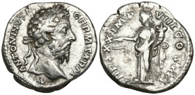 Marcus Aurelius AR Denarius. Rome, AD 175-176. M ANTONINVS AVG GERM SARM, laureate head to right / TR P XXX IMP VIII COS III, Aequitas standing to lef...