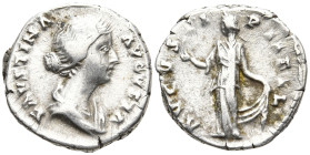 Faustina II (daughter of A. Pius) AR Denarius. Rome, AD 145-161. FAVSTINA AVGUSTA, draped bust to right / AVGVSTI PII FIL, Spes standing to left, hold...