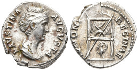 Faustina I (wife of A. Pius) AR Denarius. Rome, AD 138-140/1. FAVSTINA AVGVSTA, draped bust to right / IVNONI REGINAE, throne, against which rests sce...