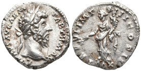 Lucius Verus AR Denarius. Rome, AD 166. L VERVS AVG ARM PARTH MAX, laureate head right / TR P VI IMP IIII COS II, Pax standing left, holding olive bra...