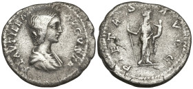 Plautilla AR Denarius. Rome, AD 202-205. PLAVTILLA AVGVSTA, draped bust right / PIETAS AVGG, Pietas standing right, holding sceptre and child. RIC 367...