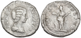 Julia Domna (wife of S. Severus) AR Denarius. Rome, AD 203. IVLIA AVGVSTA, draped bust right / PIETAS PVBLICA, Pietas standing left, raising both hand...