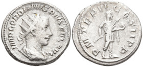 Gordian III AR Antoninianus. Antioch, AD 242-244. IMP GORDIANVS PIVS FEL AVG, radiate and cuirassed bust right / PM TR P VI COS II PP, Gordian standin...