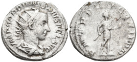 Gordian III AR Antoninianus. Antioch, AD 242-244. IMP GORDIANVS PIVS FEL AVG, radiate and cuirassed bust right / PM TR P VI COS II PP, Gordian standin...