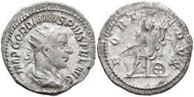 Gordian III AR Antoninianus. Rome, AD 143-144. IMP GORDIANVS PIVS FEL AVG, radiate, draped and cuirassed bust right / FORT REDVX, Fortuna seated left,...