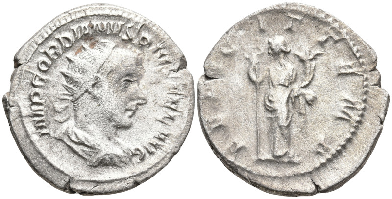 Gordian III AR Antoninianus. Rome, AD 244. Radiate, draped, and cuirassed bust r...