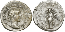 Gordian III AR Antoninianus. Rome, AD 244. IMP GORDIANVS PIVS FEL AVG, radiate, draped and cuirassed bust right / VICTORIA AETER, Victory standing lef...