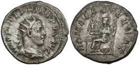 Philip I AR Antoninianus. Rome, AD 244-247. IMP M IVL PHILIPPVS AVG, radiate, draped and cuirassed bust right / ROMAE AETERNAE, Roma seated left, hold...
