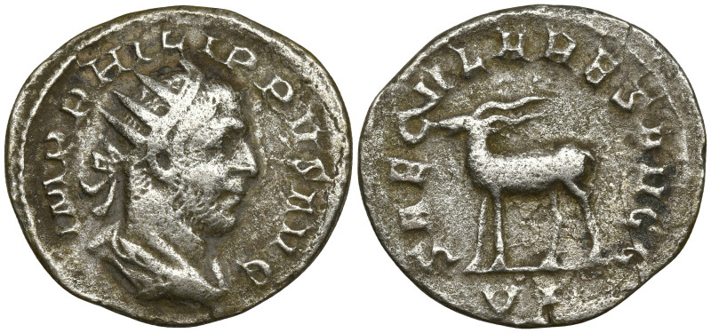 Philip II AR Antoninianus. Rome, AD 248. IMP PHILIPPVS AVG, radiate, draped and ...