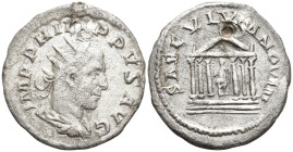 Philip II, as Caesar, AR Antoninianus. Antioch, AD 247-248. IMP M IVL PHILIPPVS AVG, radiate, draped, and cuirassed bust right, seen from behind / SAE...