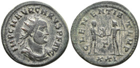Carus BI Antoninianus. Cyzicus, AD 282. IMP C M AVR CARVS P F AVG, radiate, draped and cuirassed bust right / CLEMENTIA TEMP, Emperor standing receivi...