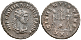 Numerian BI Antoninianus. Cyzicus, AD 283-284. IMP C NVMERIANVS P F AVG, radiate, draped and cuirassed bust to right / CLEMENTIA TEMP, emperor standin...