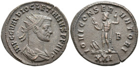 Diocletian Silvered Æ Radiate. Siscia, AD 285-286. IMP C C VAL DIOCLETIANVS P F AVG, radiate and cuirassed bust right / IOVI CONSERVATORI, Jupiter sta...
