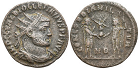 Diocletian Æ Follis. Radiatus. Heraclea. AD 284-305. IMP C C VAL DIOCLETIANVS P F AVG, Radiate, draped and cuirassed bust right / CONCORDIA MILITVM / ...