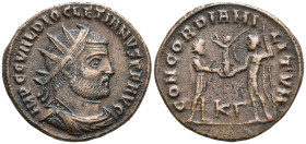 Diocletian Æ Radiate. Cyzicus, AD 295-299. IMP C C VAL DIOCLETIANVS P F AVG, radiate and cuirassed bust right / CONCORDIA MILITVM, prince standing rig...