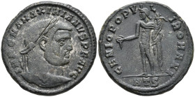 Maximianus Herculius Æ Follis Heraclea AD 286-305. IMP C MA MAXIMIANVS P F AVG, laureate head right / GENIO POPVLI ROMANI, Genius standing left, weari...