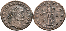 Maximinus II Daia as Caesar Æ Follis. Cyzicus AD 305-308. GAL VAL MAXIMINVS NOB C, laureate head right / GENIO CA-ESARIS, Genius standing left, modius...