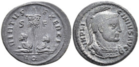 Licinius I. Æ Follis. Aquileia. AD 308-324. IMP LICINIVS AVG.
Helmeted and cuirassed bust right. VIRTVS EXERCIT / S - F / AQP.
Vexillum inscribed VOT ...