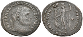 Licinius I Æ Follis. Nicomedia, AD 313-317. IMP C VAL LICIN LICINIVS P F AVG, laureate bust right / IOVI CONSERVATORI, Jupiter, chlamys over shoulder,...