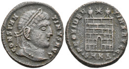 Constantine I 'the Great. Follis, Cyzicus, AD 307/10-337. CONSTANTINVS AVG.
Laureate head right. PROVIDENTIAE AVGG / SMKЄ Camp gate with two towers an...