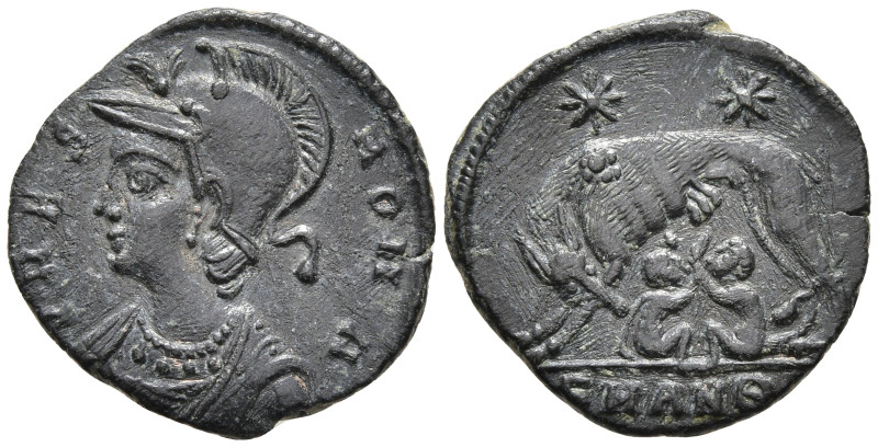 Constantine I Æ Nummus. Antioch, AD 329-330. VRBS ROMA, helmeted and cuirassed b...