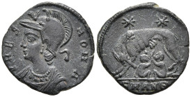 Constantine I Æ Nummus. Antioch, AD 329-330. VRBS ROMA, helmeted and cuirassed bust left / She-wolf standing left, suckling the twins Romulus and Remu...