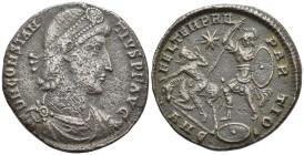Constantius II Æ Centenionalis. Antioch, AD 348-350. D N CONSTANTIVS P F AVG, pearl-diademed, draped and cuirassed bust right / FEL TEMP REPARATIO, he...