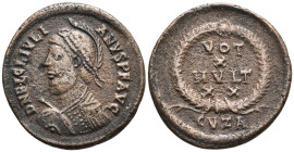 Julian II Æ Maiorina. Cyzicus, AD 361-363. Diademed, helmeted, and cuirassed bust left; holding spear and shield / VOT-X-MVLT-XX in four lines across ...