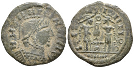 Late Roman imitations, Æ follis early-4th century. imitating Constantine I or Licinius I. IIIIIIIIIIIIIISOC Diademed, helmeted and cuirassed bust of C...