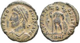 Procopius. Usurper, Æ Heraclea AD 365-366. mint, 3rd officina. Pearl-diademed, draped, and cuirassed bust left / Procopius standing slightly left, hea...