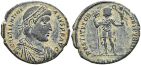 Valentinian I Æ 20mm. Sirmium, AD 364-367. D N VALENTINIANVS P F AVG, diademed, draped and cuirassed bust to right / RESTITVTOR REIP, emperor standing...