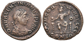 Valentinian II Æ Nummus. Constantinople, AD 378-383. D N VALENTINIANVS P F AVG, pearl-diademed, draped and cuirassed bust right / CONCORDIA AVGGG, Con...