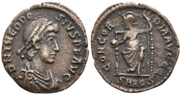Theodosius I. AD 379-395. Nummus, Rome, AD 379-383. D N THEODO-SIVS P F AVG, pearl and rosette diademed, draped and cuirassed bust of Theodosius I rig...