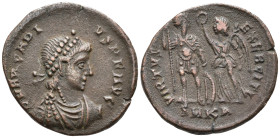 Arcadius Æ Nummus. Cyzicus, AD 388-392. D N ARCADIVS P F AVG, pearl-diademed, draped and cuirassed bust right / VIRTVS EXERCITI, emperor standing faci...
