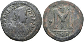 Anastasius I Æ Nummus. Constantinople, AD 498-507. D N ANASTASIVS P P AVG, pearl-diademed, draped and cuirassed bust right / Large M; cross above, sta...