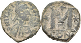 Justin I Æ 40 Nummi. Constantinople, AD 518-527. D N IVSTINVS P P AVG, diademed, draped and cuirassed bust to right / Large M; star to left and right,...