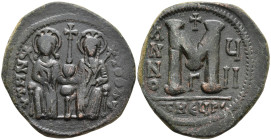 JUSTIN II. 565-578 AD Æ Follis Antioch mint. Dated year 7 (571/2 AD). Justin and Sophia enthroned, holding sceptres and globus cruciger between them /...